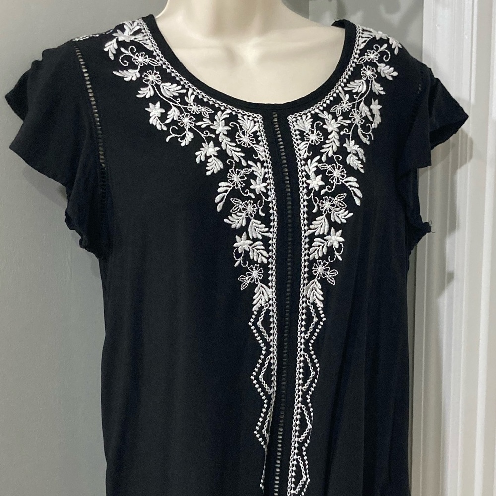 Boho Black Top with Embroidered Peekaboo Detail